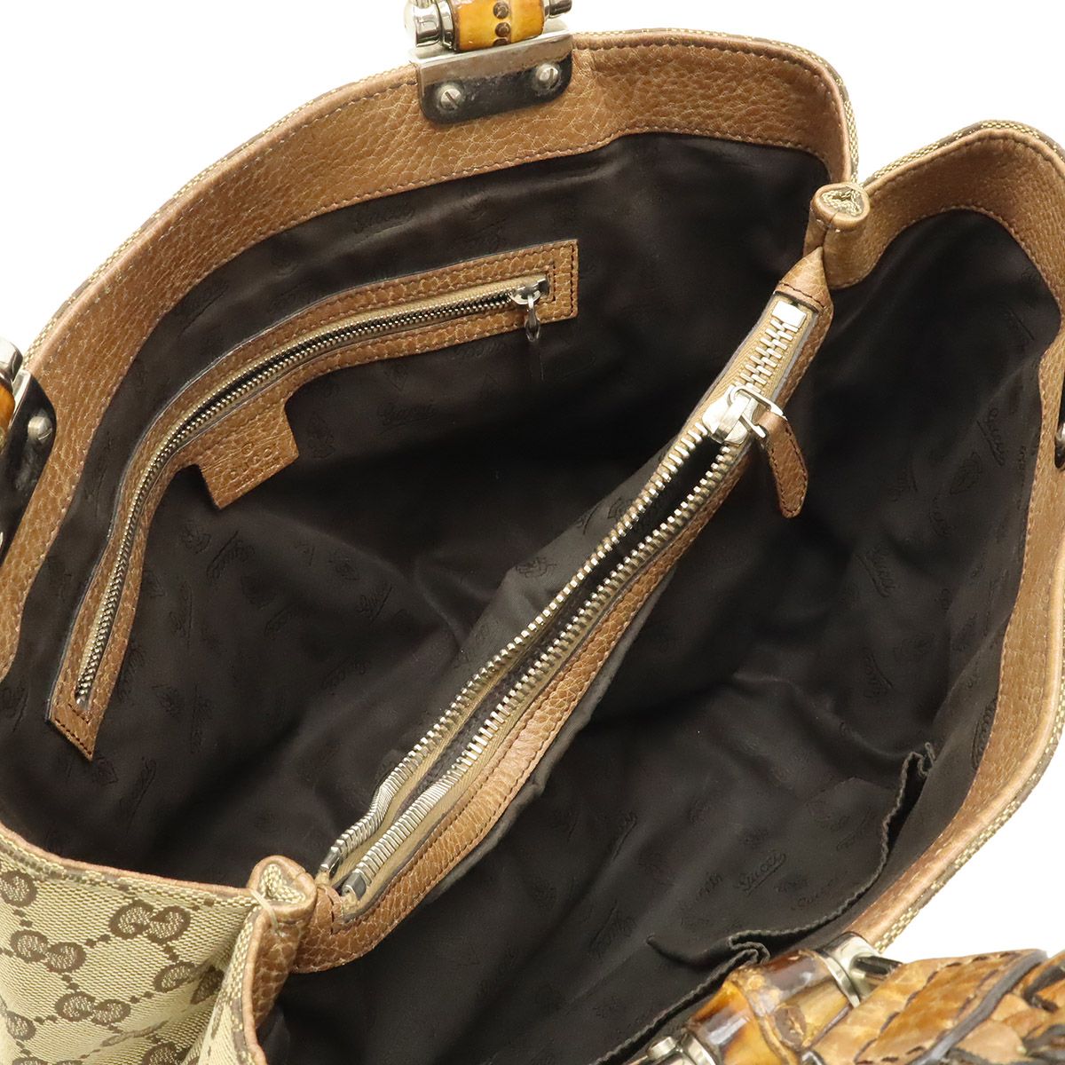 Gucci GG Canvas Bamboo Tote Shoulder Bag Braided Leather Beige Brown Silver — view 5