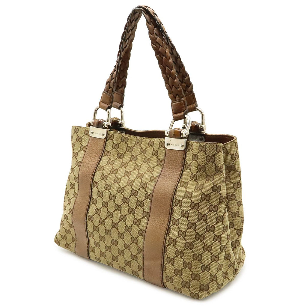 Gucci GG Canvas Bamboo Tote Shoulder Bag Braided Leather Beige Brown Silver — view 2