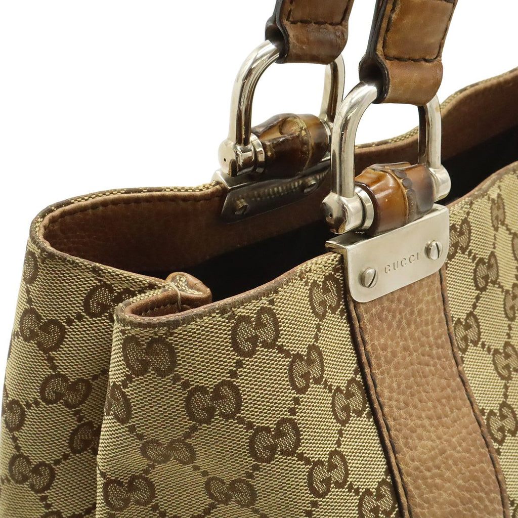 Gucci GG Canvas Bamboo Tote Shoulder Bag Braided Leather Beige Brown Silver — view 7