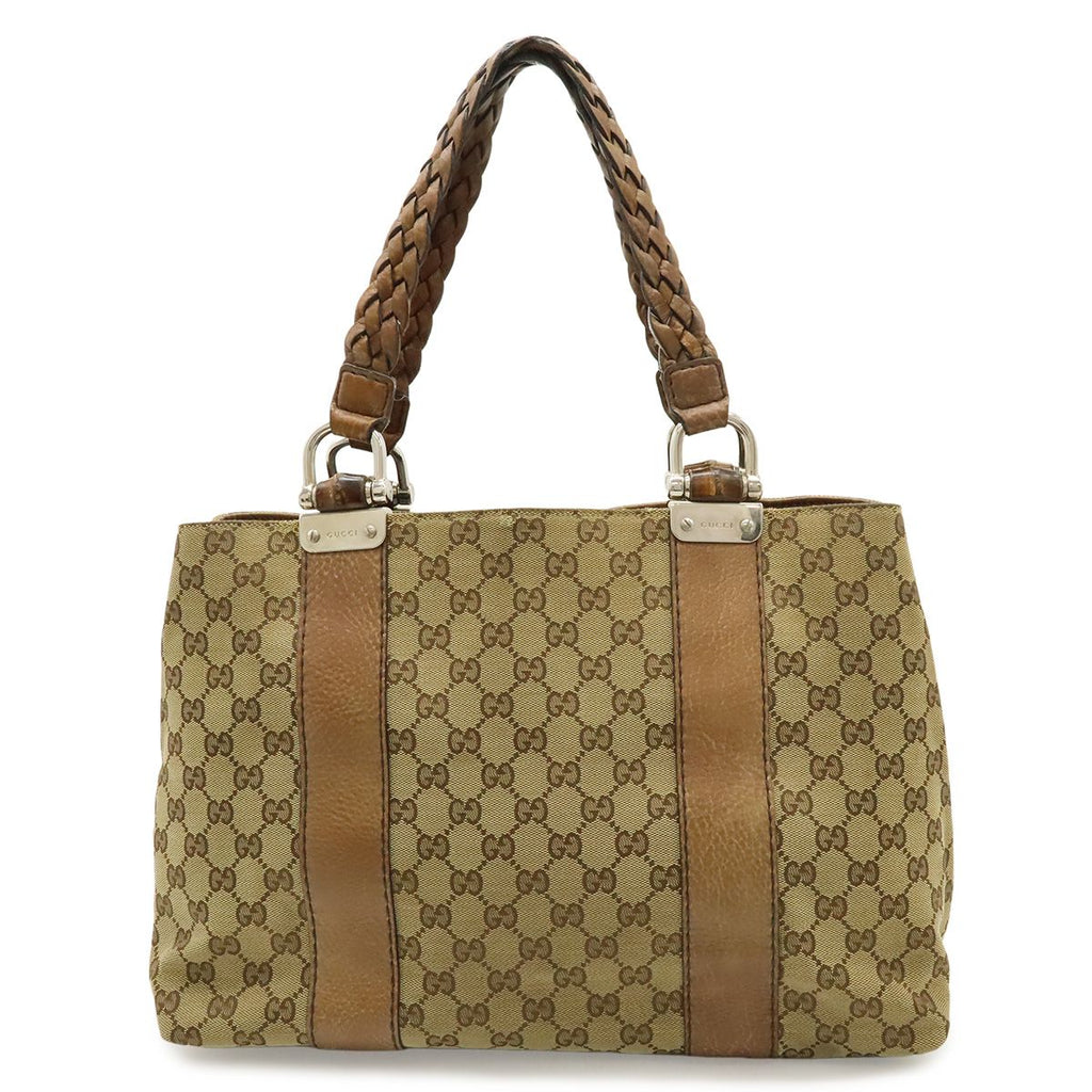 Gucci GG Canvas Bamboo Tote Shoulder Bag Braided Leather Beige Brown Silver