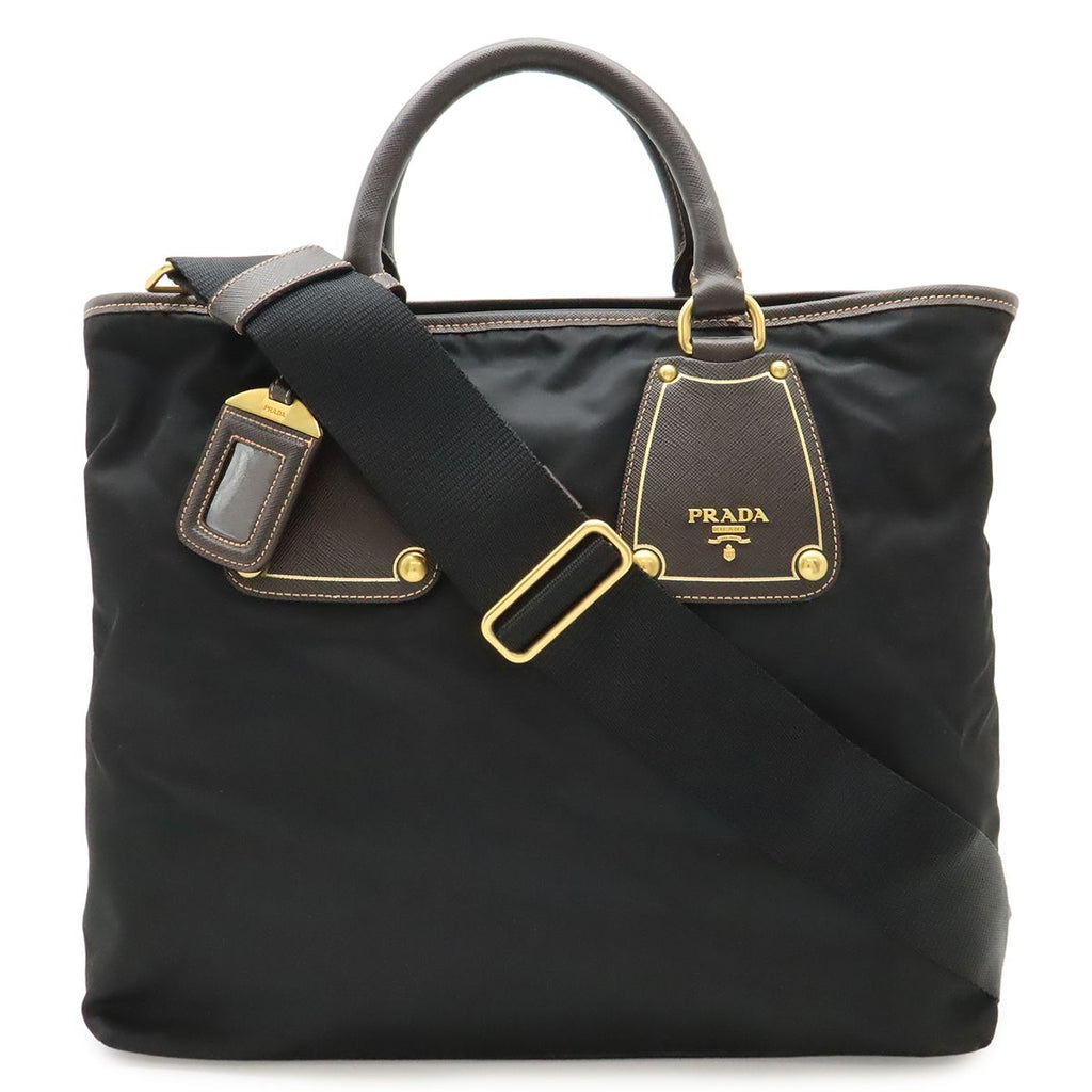 Prada Tote 2-Way Shoulder Bag Crossbody Nylon Leather Nero Black Brown Gold