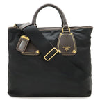 Prada Tote 2-Way Shoulder Bag Crossbody Nylon Leather Nero Black Brown Gold