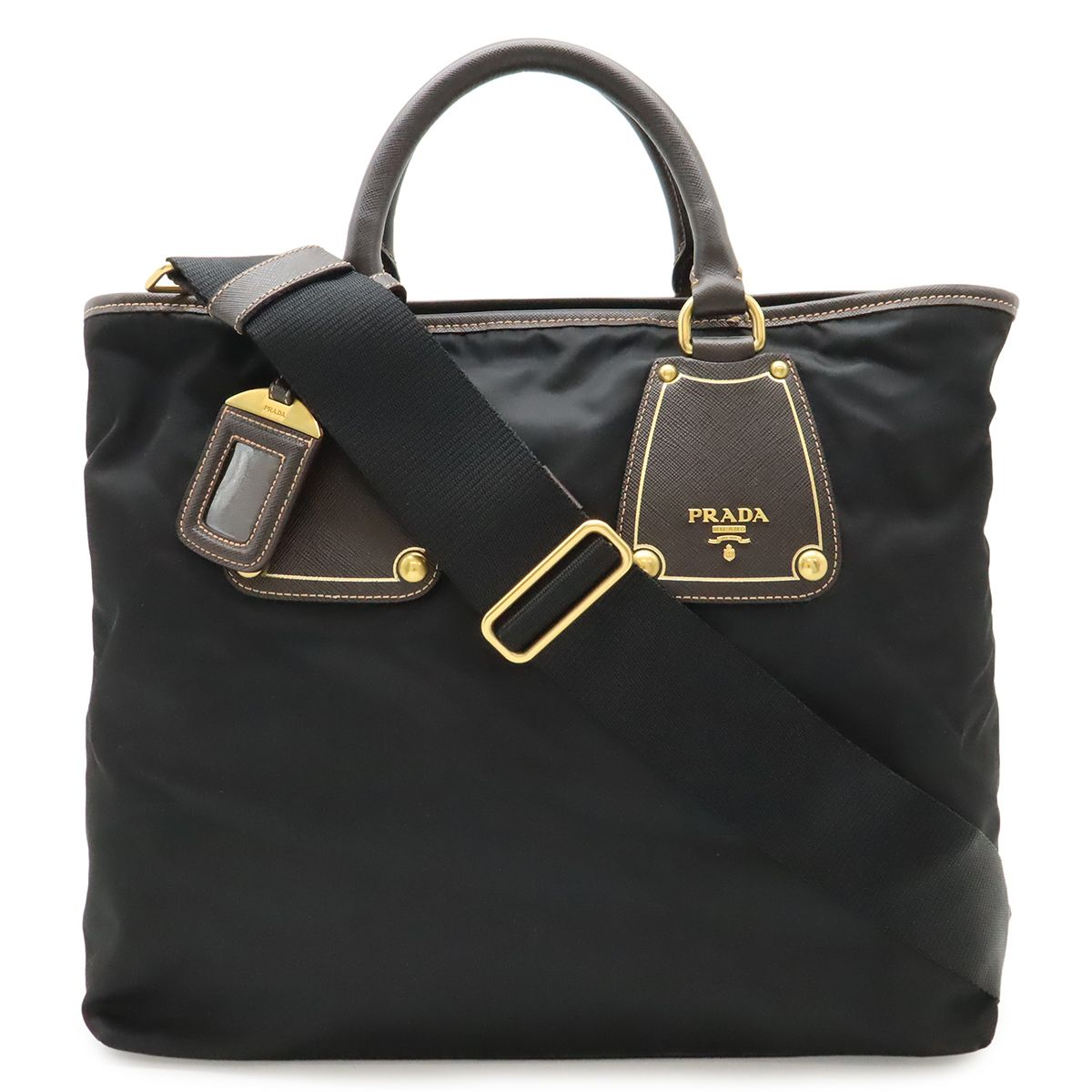 Prada Tote 2-Way Shoulder Bag Crossbody Nylon Leather Nero Black Brown Gold