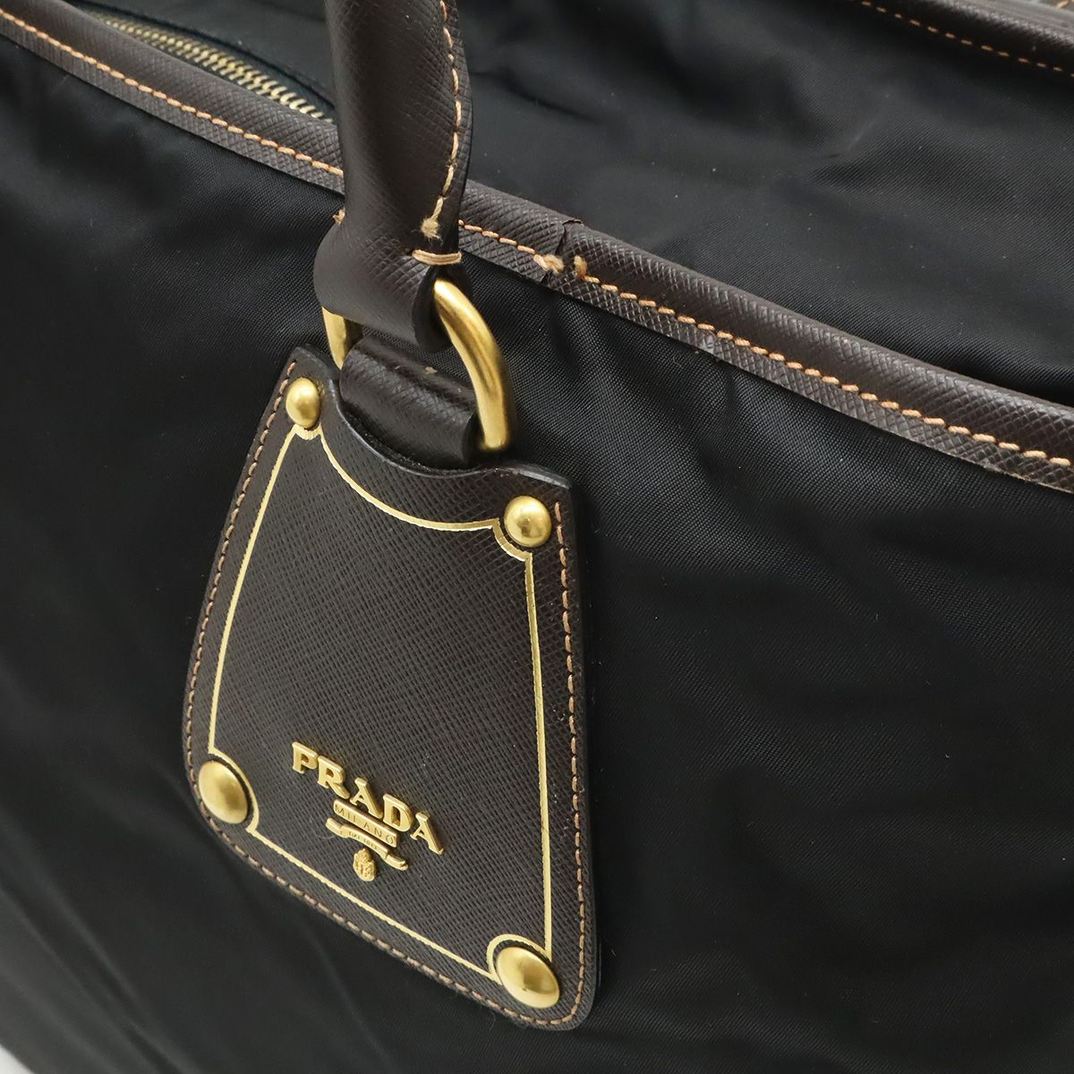 Prada Tote 2-Way Shoulder Bag Crossbody Nylon Leather Nero Black Brown Gold — view 9