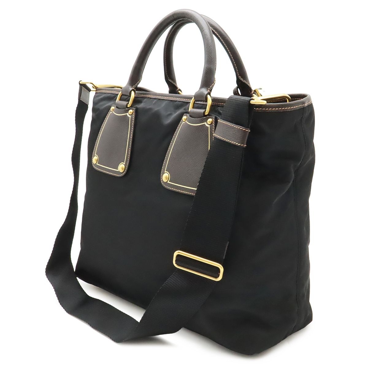 Prada Tote 2-Way Shoulder Bag Crossbody Nylon Leather Nero Black Brown Gold — view 2