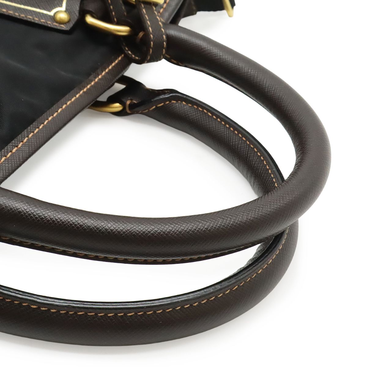 Prada Tote 2-Way Shoulder Bag Crossbody Nylon Leather Nero Black Brown Gold — view 4