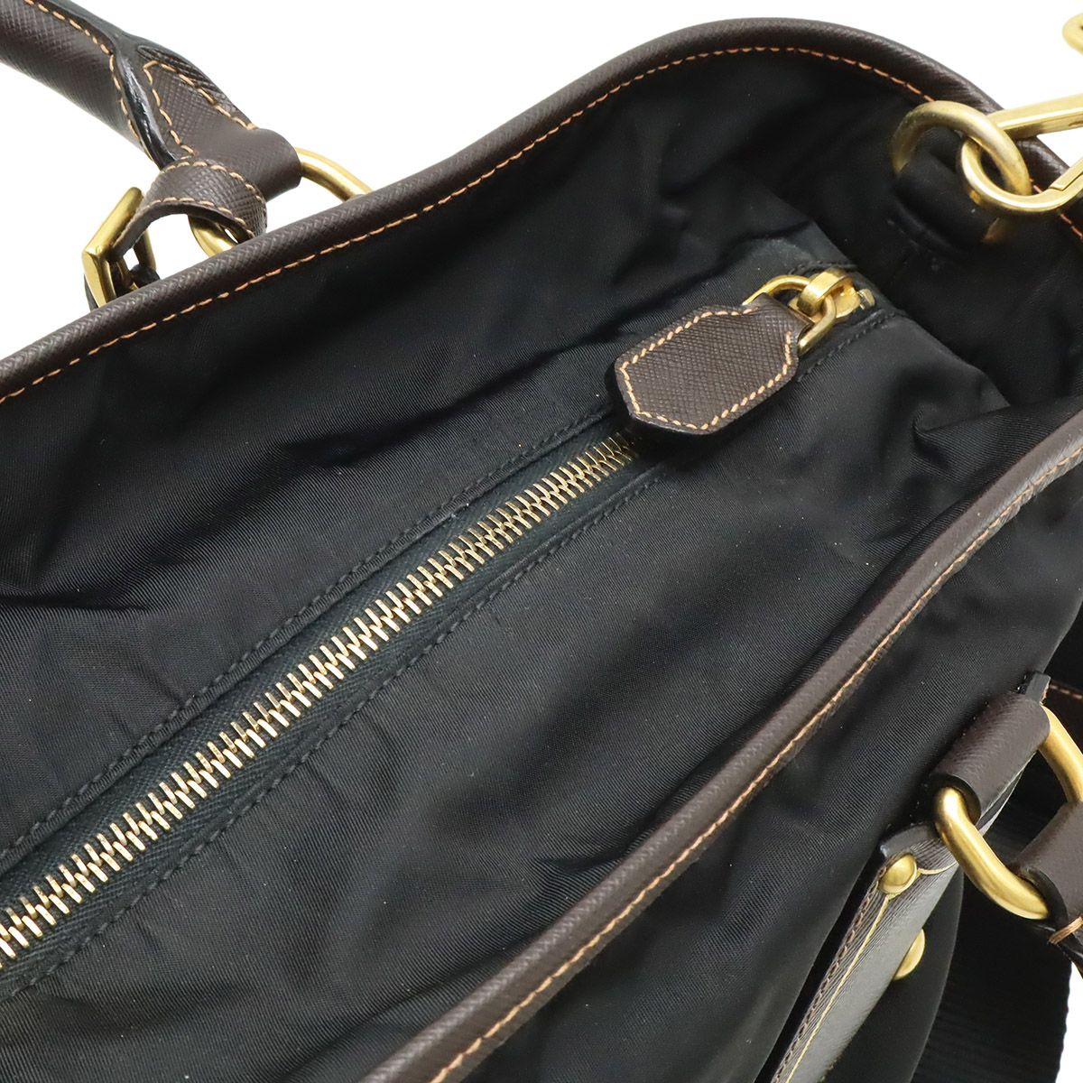 Prada Tote 2-Way Shoulder Bag Crossbody Nylon Leather Nero Black Brown Gold — view 6