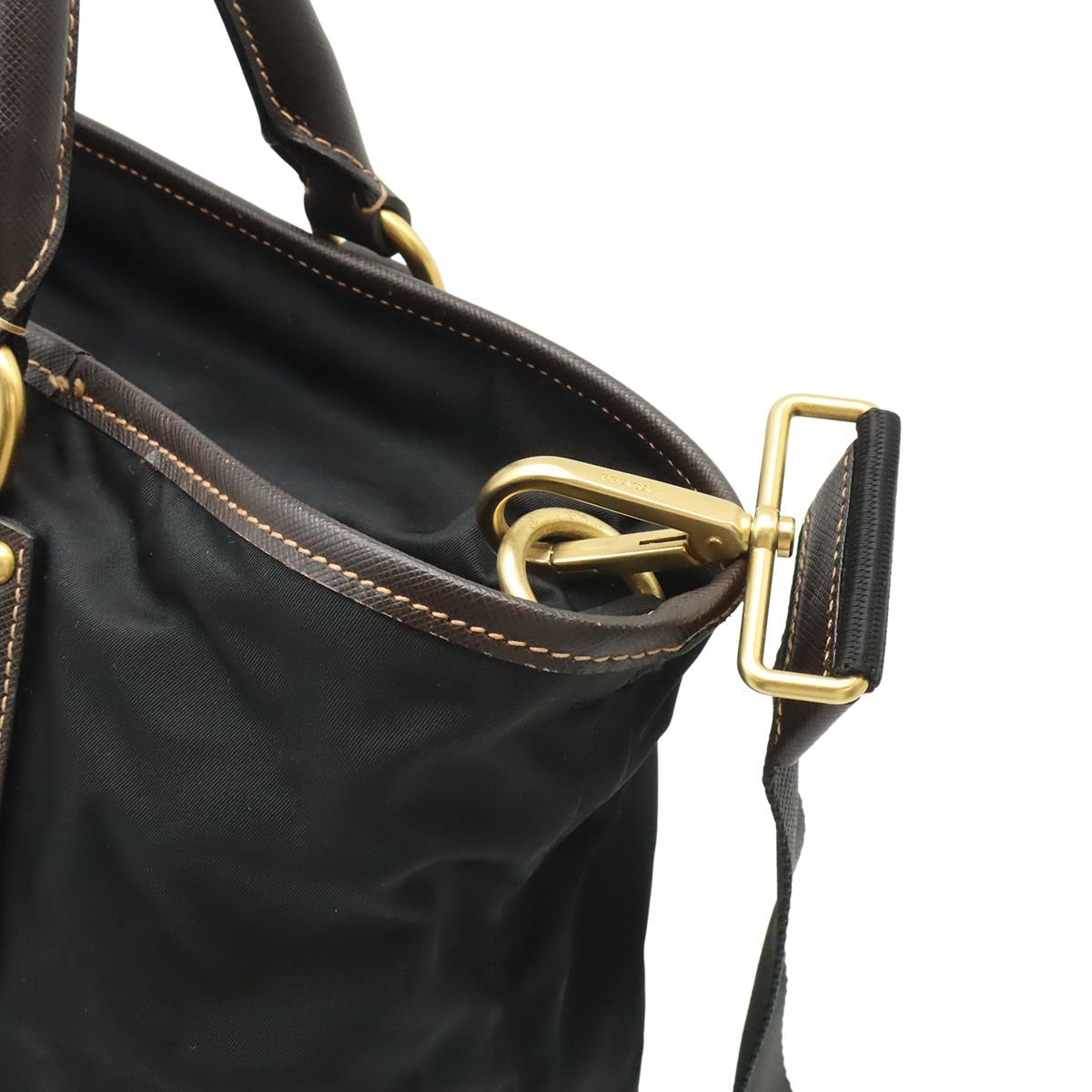 Prada Tote 2-Way Shoulder Bag Crossbody Nylon Leather Nero Black Brown Gold — view 5