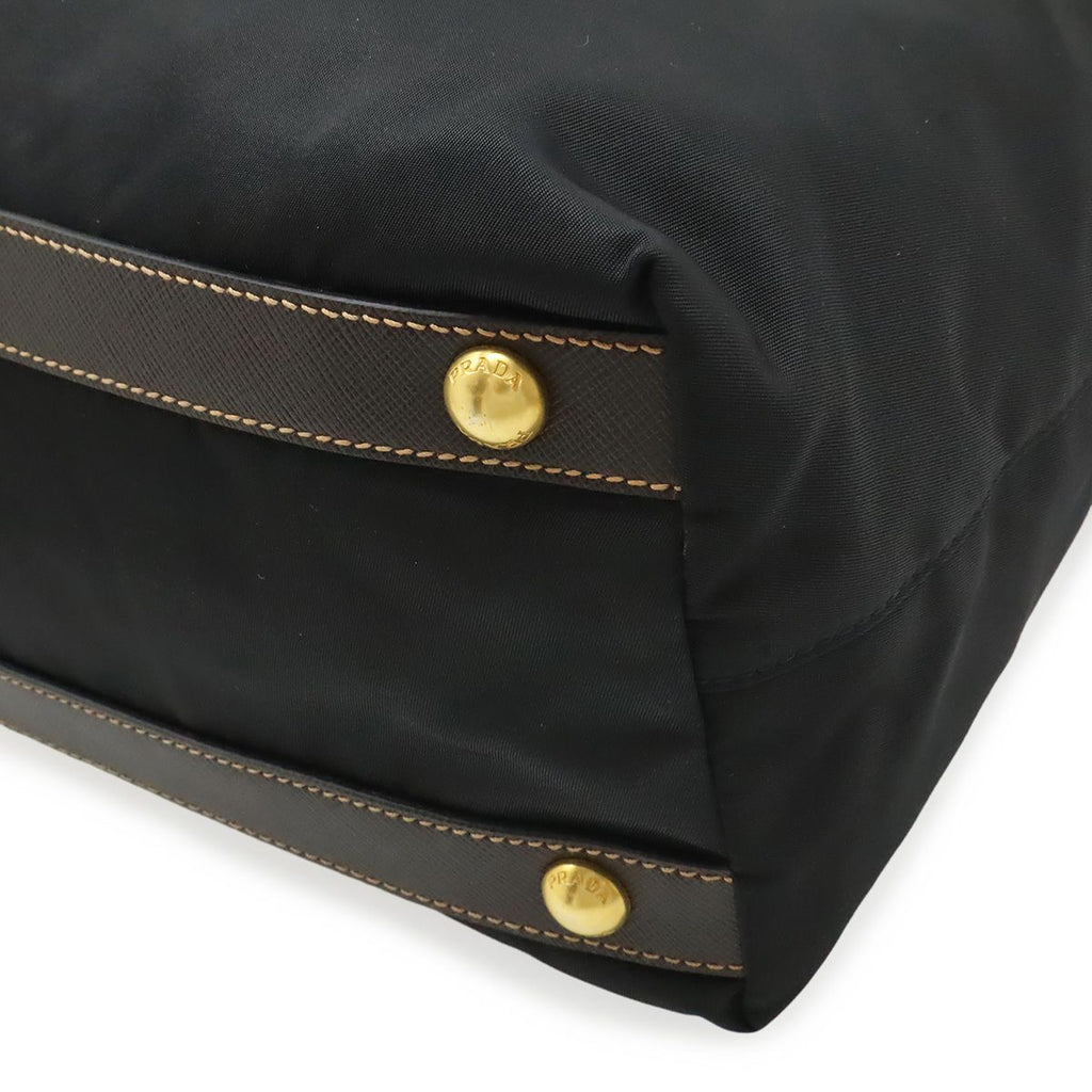 Prada Tote 2-Way Shoulder Bag Crossbody Nylon Leather Nero Black Brown Gold — view 3