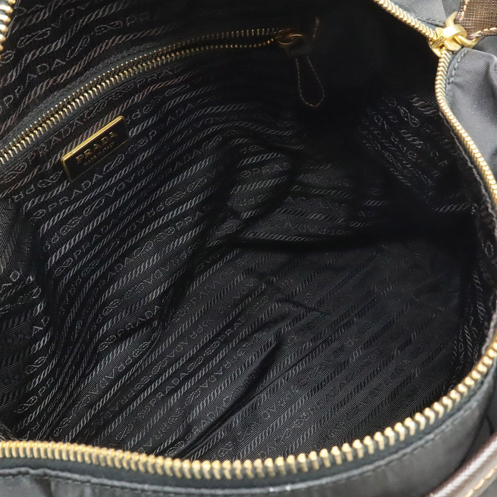 Prada Tote 2-Way Shoulder Bag Crossbody Nylon Leather Nero Black Brown Gold — view 7