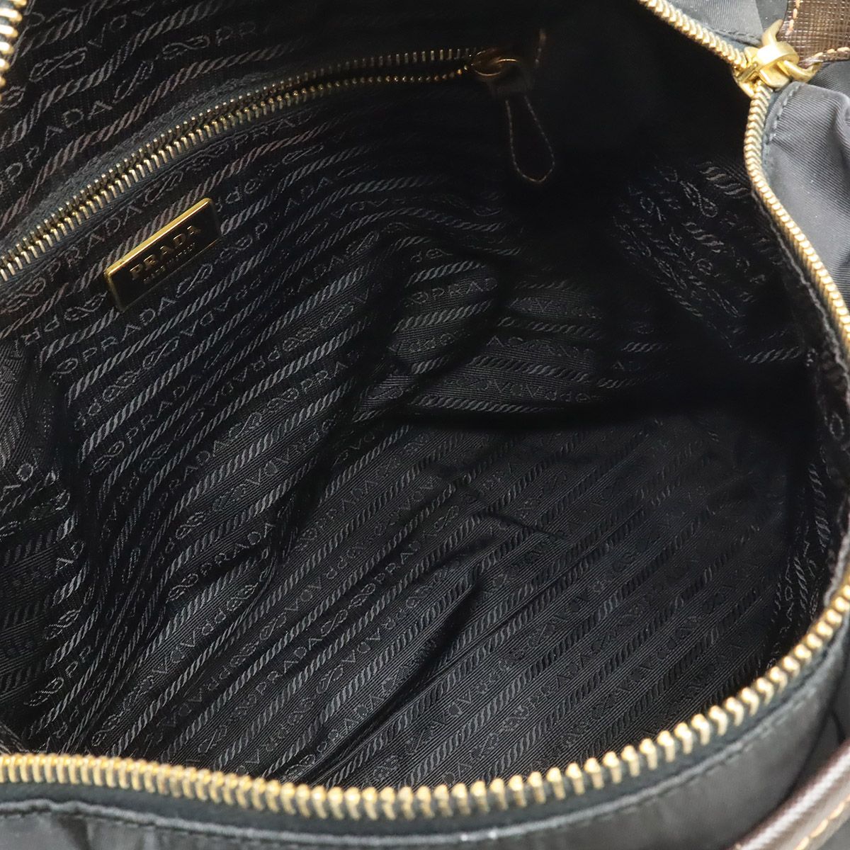Prada Tote 2-Way Shoulder Bag Crossbody Nylon Leather Nero Black Brown Gold — view 7