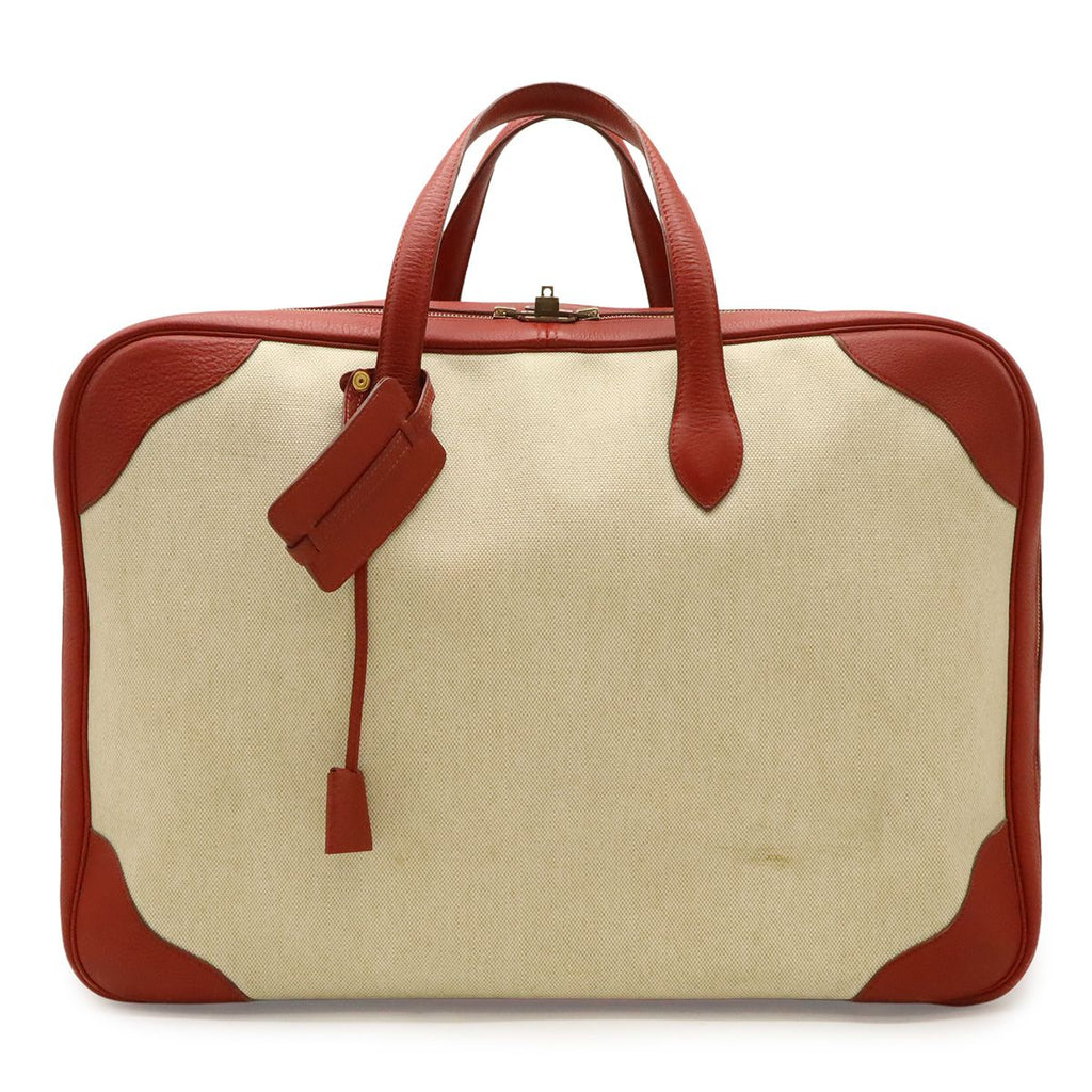 Hermes Victoria 50 Boston Bag Purse Toile Ash Taurillon Clemence Beige