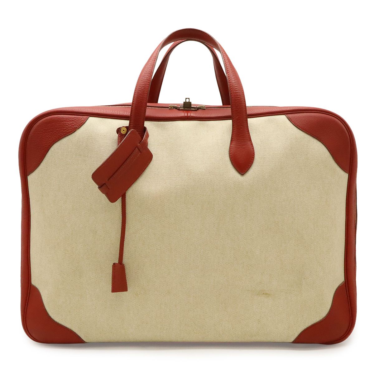Hermes Victoria 50 Boston Bag Purse Toile Ash Taurillon Clemence Beige
