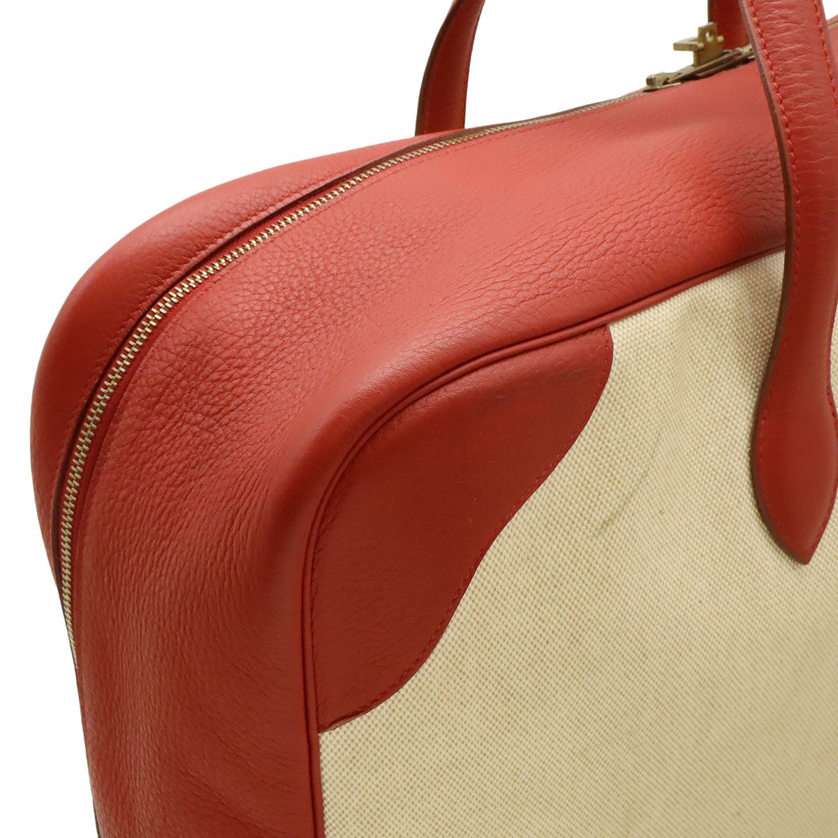 Hermes Victoria 50 Boston Bag Purse Toile Ash Taurillon Clemence Beige — view 7