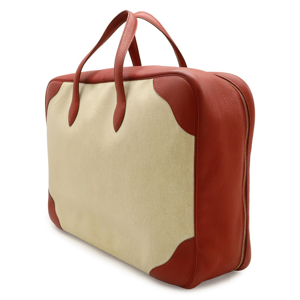 Hermes Victoria 50 Boston Bag Purse Toile Ash Taurillon Clemence Beige — view 2