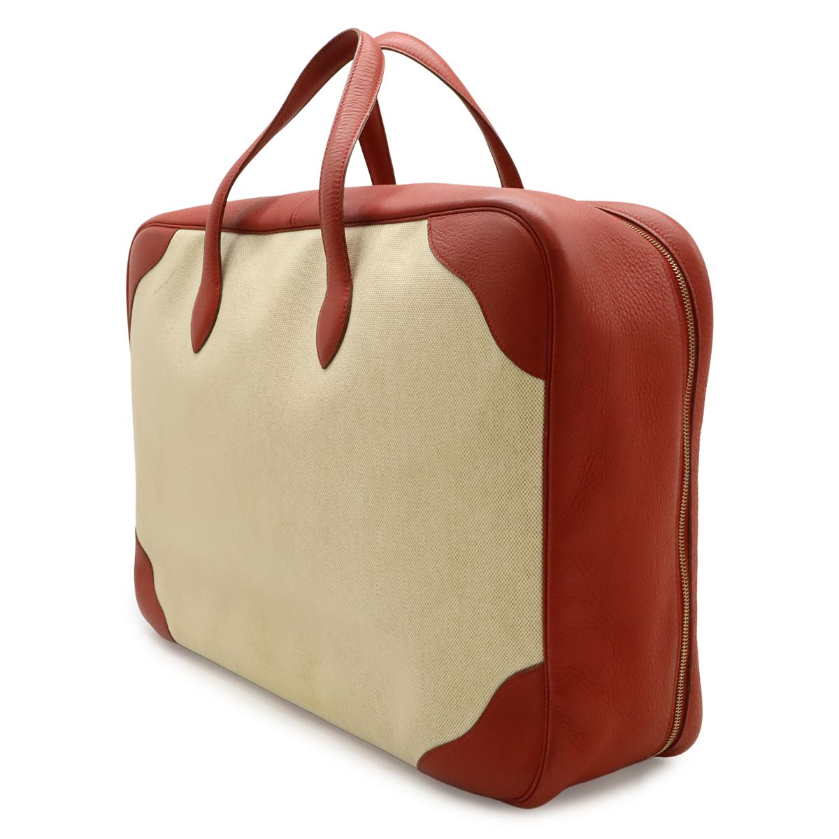 Hermes Victoria 50 Boston Bag Purse Toile Ash Taurillon Clemence Beige — view 2