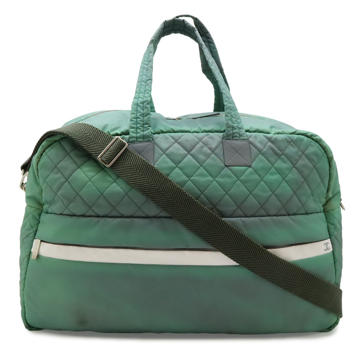 Chanel Sports Line Quilted Boston Bag 2-Way Crossbody Nylon Leather Green White
