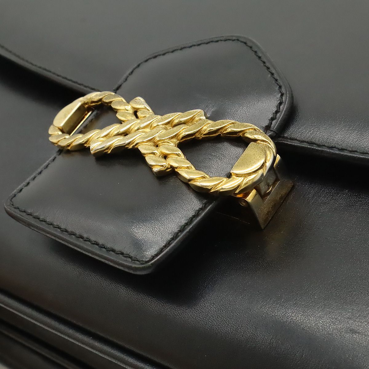 Celine Vintage Ribbon Shoulder Bag Leather Black Gold — view 9