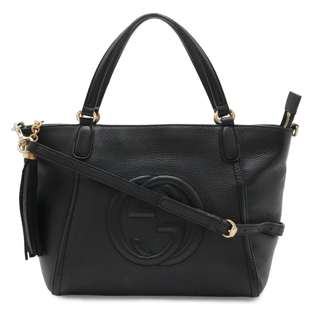 Gucci Soho Interlocking Tote 2-Way Shoulder Bag Fringe Tassel Leather Black Gold