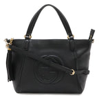 Gucci Soho Interlocking Tote 2-Way Shoulder Bag Fringe Tassel Leather Black Gold