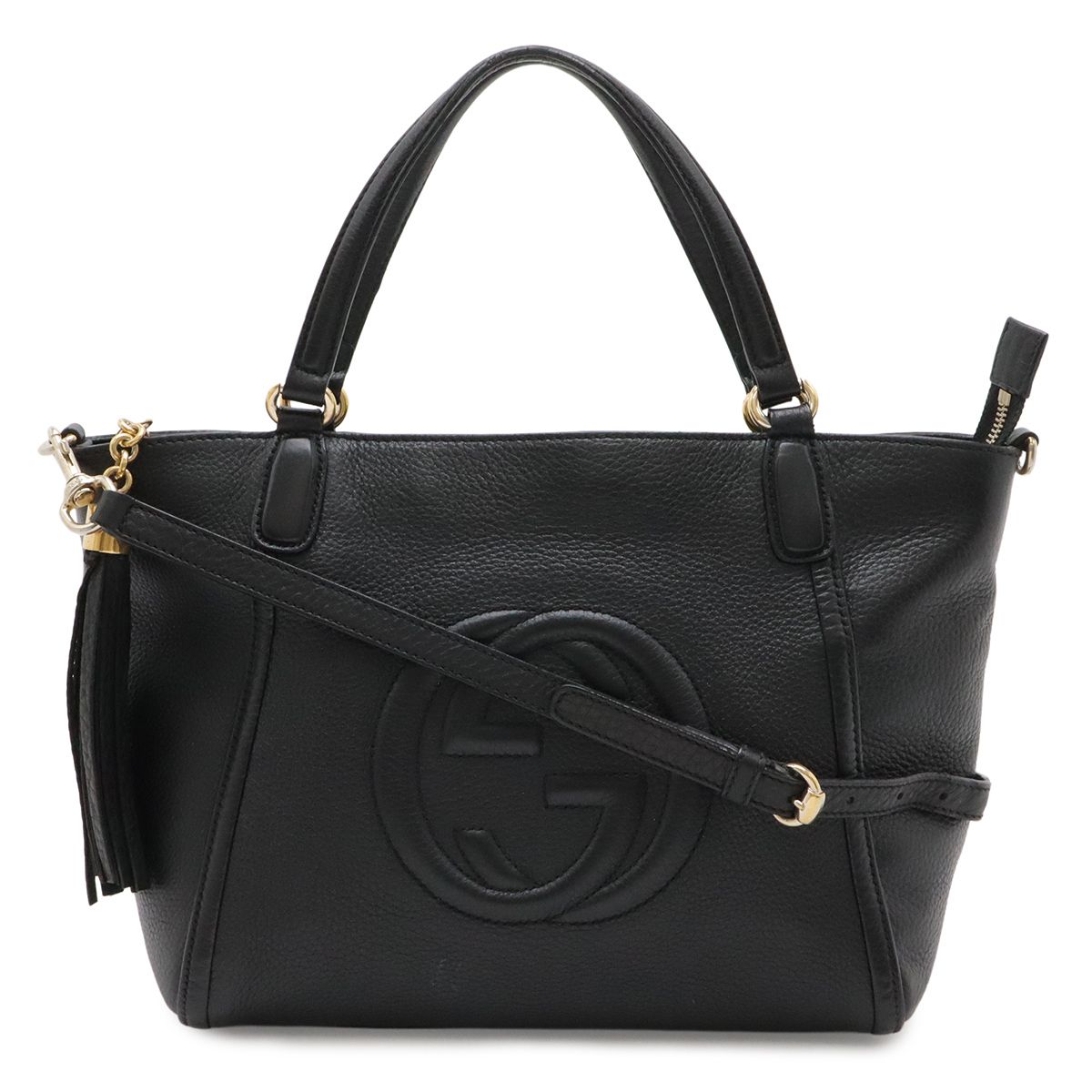 Gucci Soho Interlocking Tote 2-Way Shoulder Bag Fringe Tassel Leather Black Gold