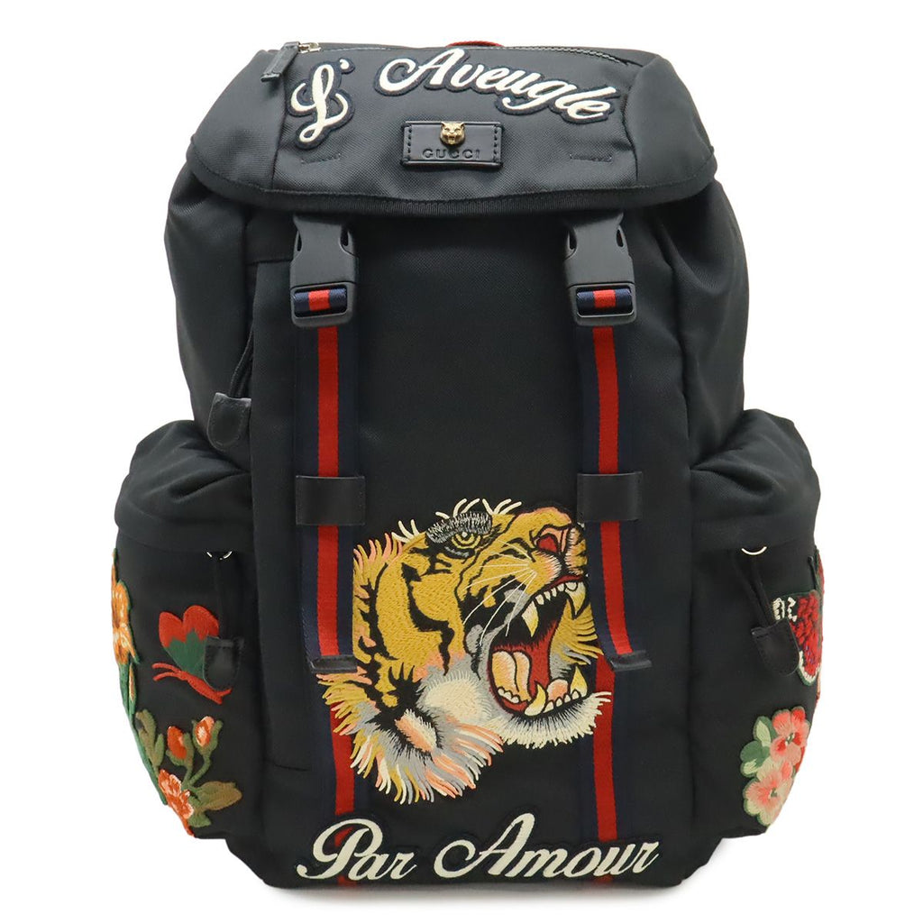 Gucci Embroidery Tiger Web Line Sherry Backpack Nylon Black