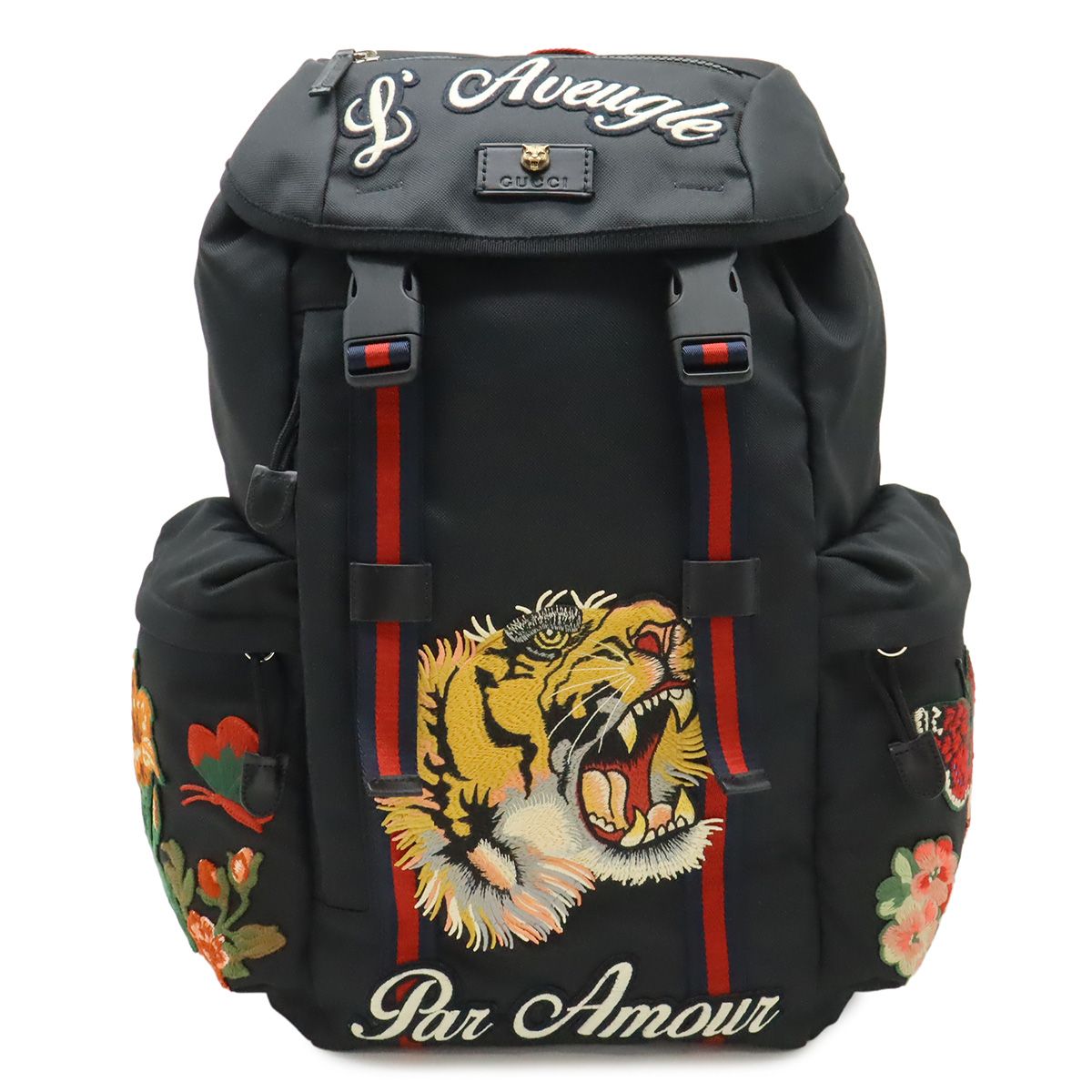 Gucci Embroidery Tiger Web Line Sherry Backpack Nylon Black