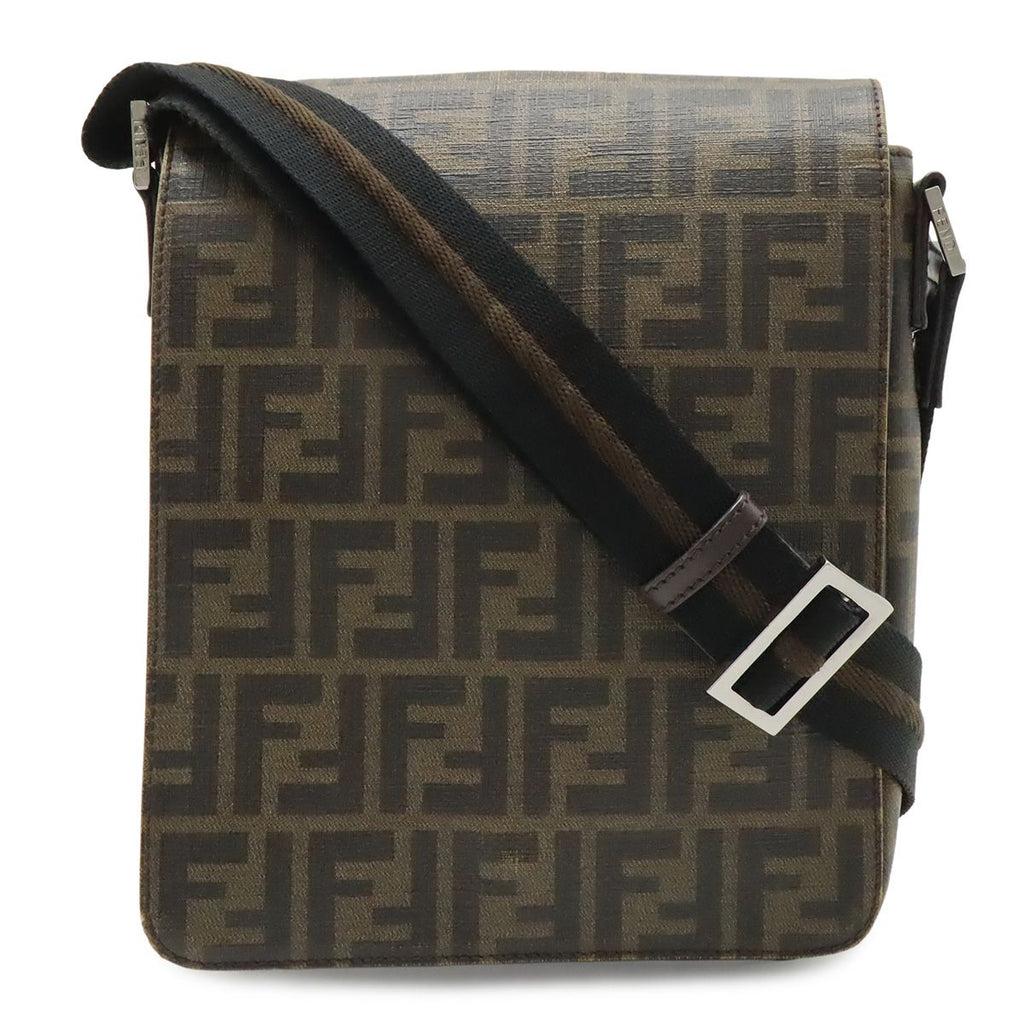 Fendi Zucca Pattern Shoulder Bag Crossbody Leather Khaki Brown Dark Silver
