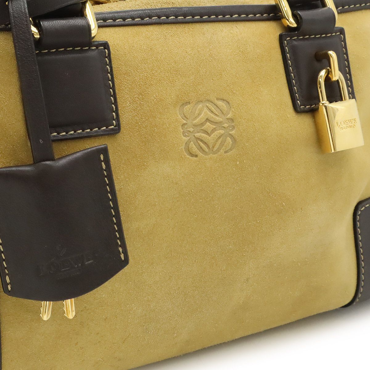 Loewe Amazona 28 Anagram Mini Boston Bag Suede Leather Beige Dark Brown Gold — view 9