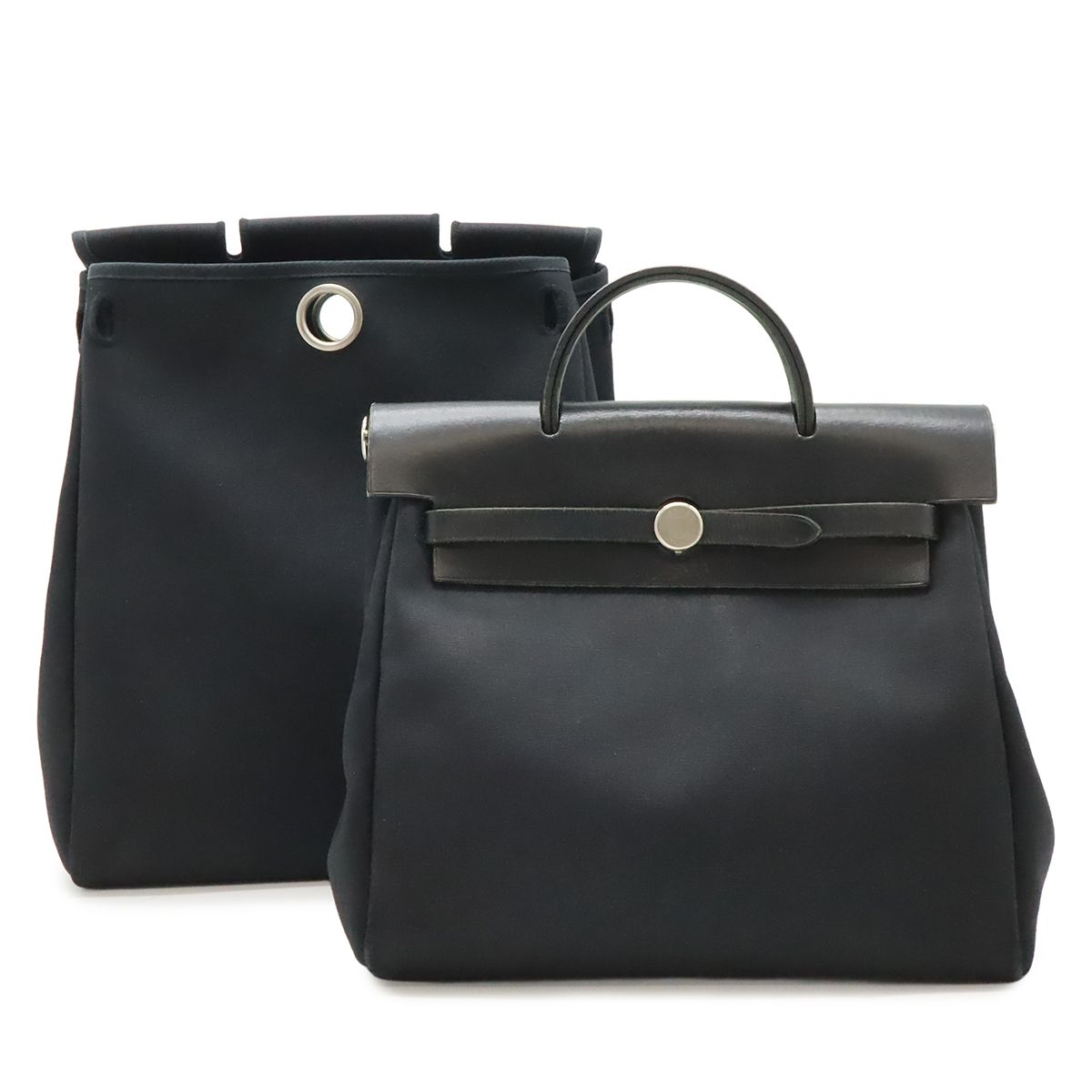 Hermes Herbag a Dos PM Backpack 2-Way Handbag Toile Officier Leather Black