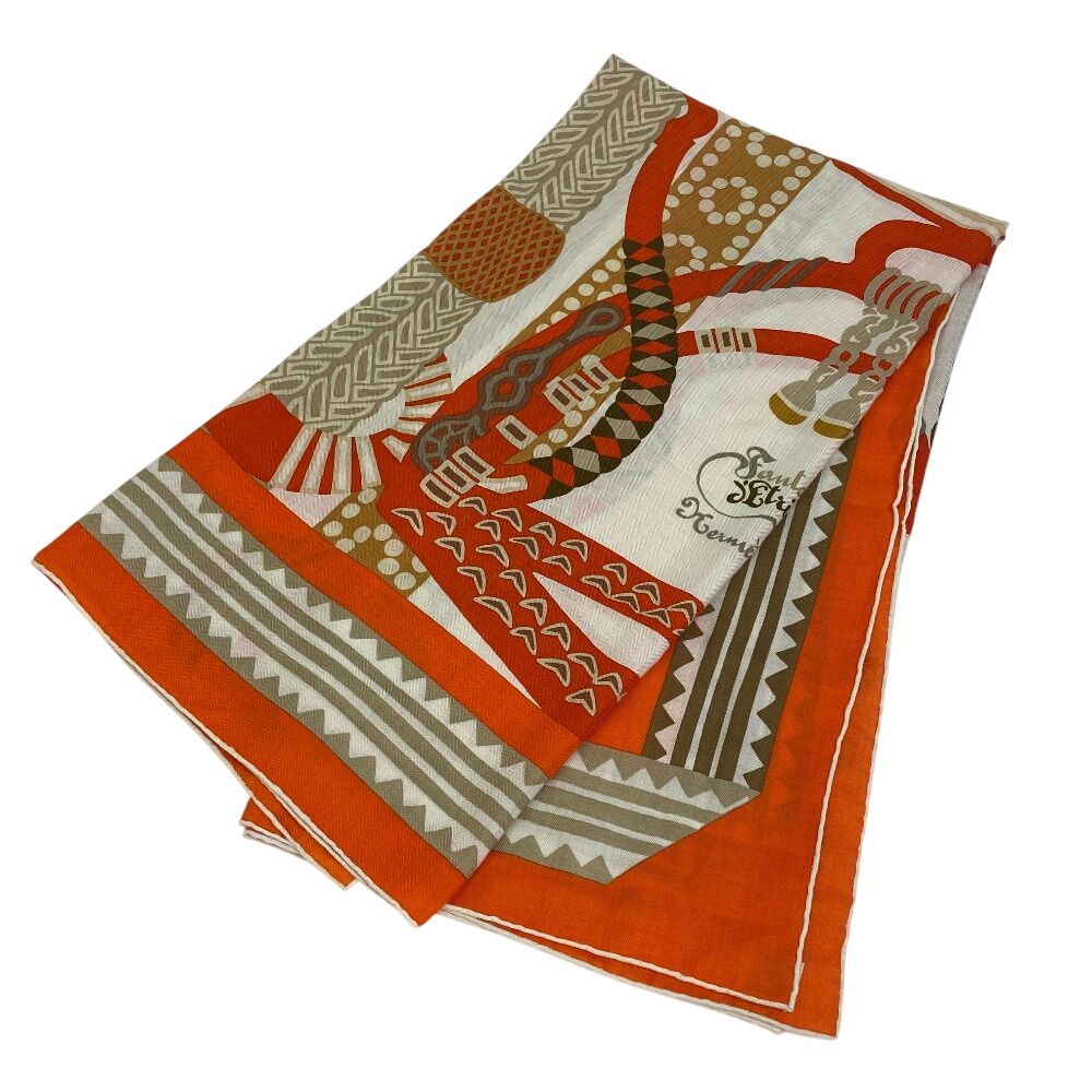 Hermes Carre Geant Fantaisie Detriers Stirrup Fantasy Shawl Orange Scarf — view 6