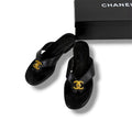 Chanel CC Logo Turnlock Flat Sandals Leather Black 36 Gold