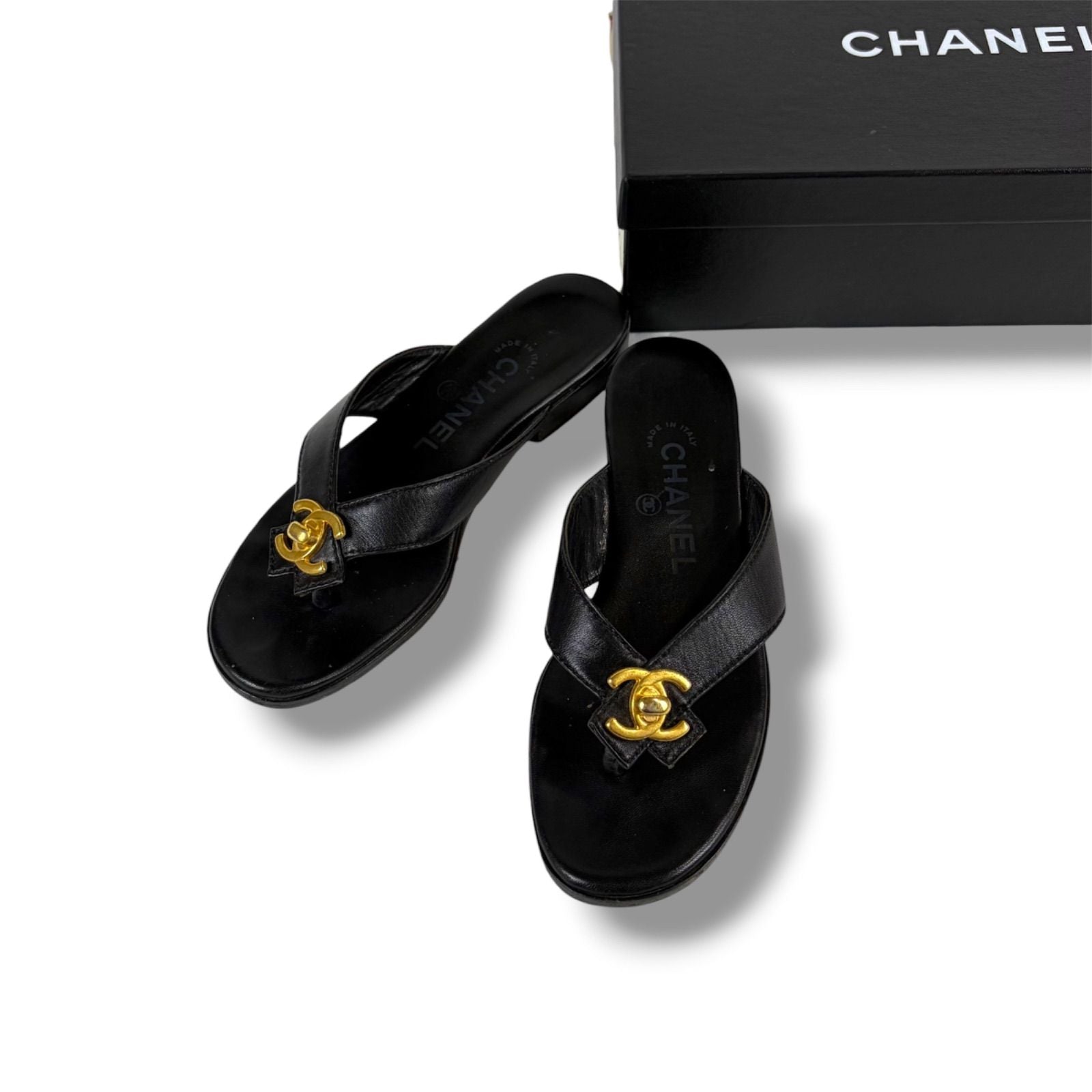 Chanel CC Logo Turnlock Flat Sandals Leather Black 36 Gold