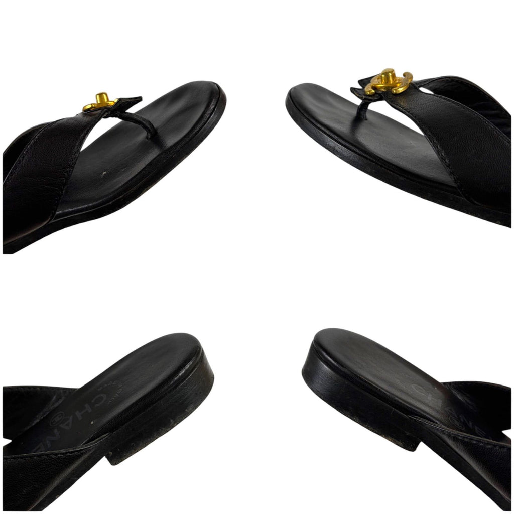 Chanel CC Logo Turnlock Flat Sandals Leather Black 36 Gold — view 6
