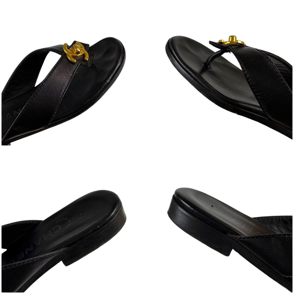 Chanel CC Logo Turnlock Flat Sandals Leather Black 36 Gold — view 5