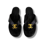 Chanel CC Logo Turnlock Flat Sandals Leather Black 36 Gold — view 3