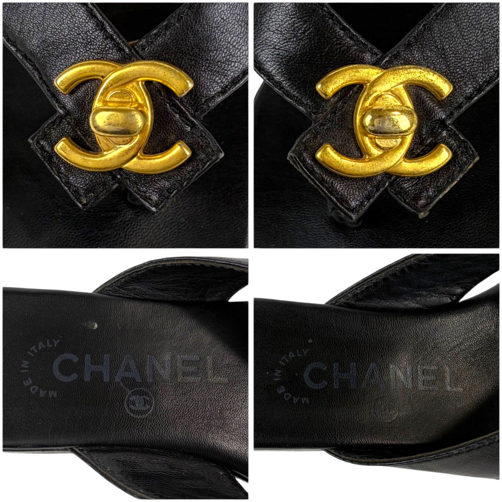 Chanel CC Logo Turnlock Flat Sandals Leather Black 36 Gold — view 8
