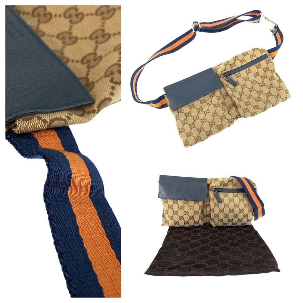Gucci Sherry Line Brown Blue Silver GG Canvas Leather Belt Bag Waist Pouch — view 9