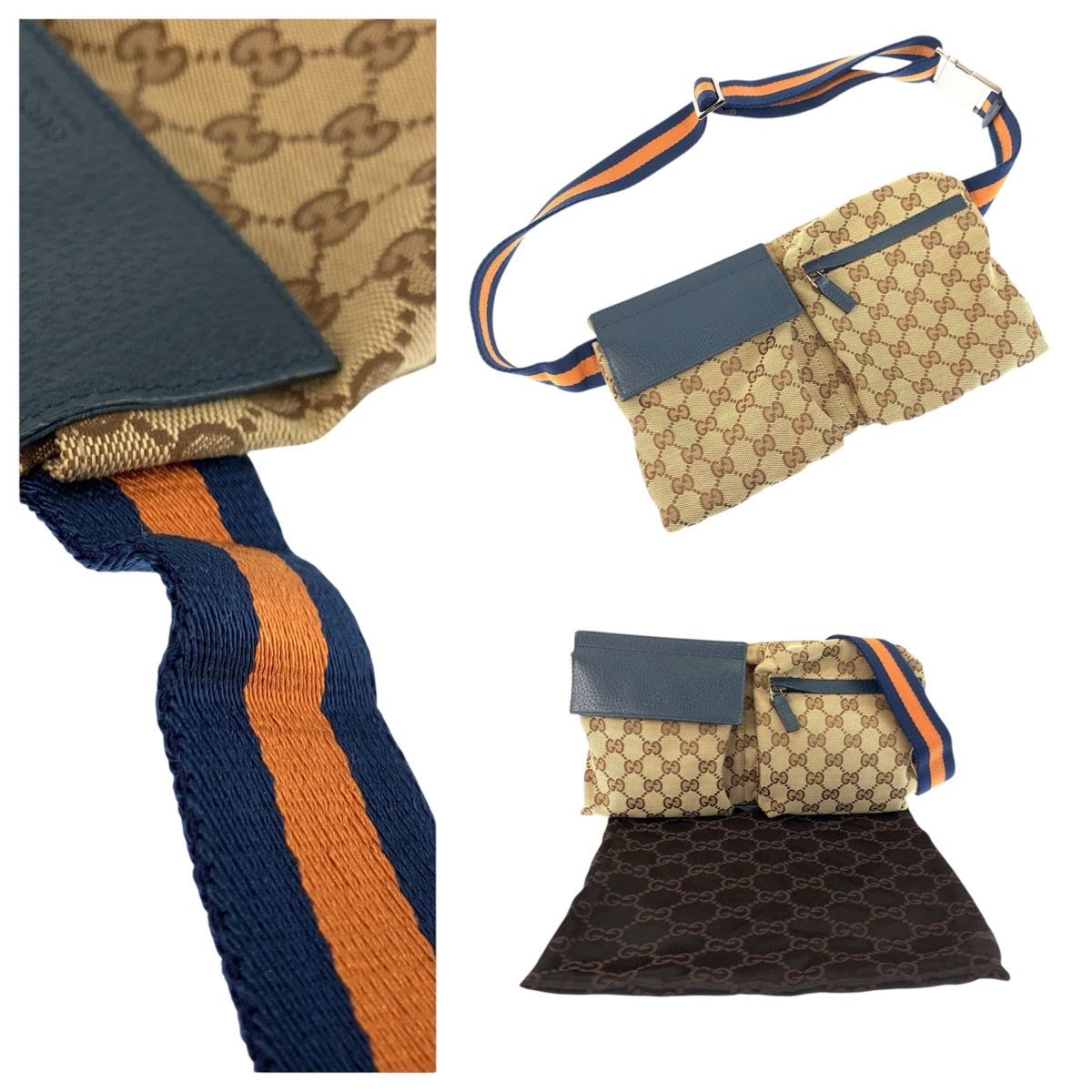 Gucci Sherry Line Brown Blue Silver GG Canvas Leather Belt Bag Waist Pouch — view 9