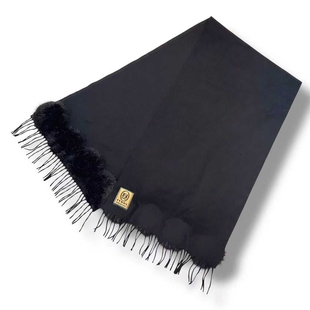 Fendi Scarf Large Shawl Fringe FF Logo Black