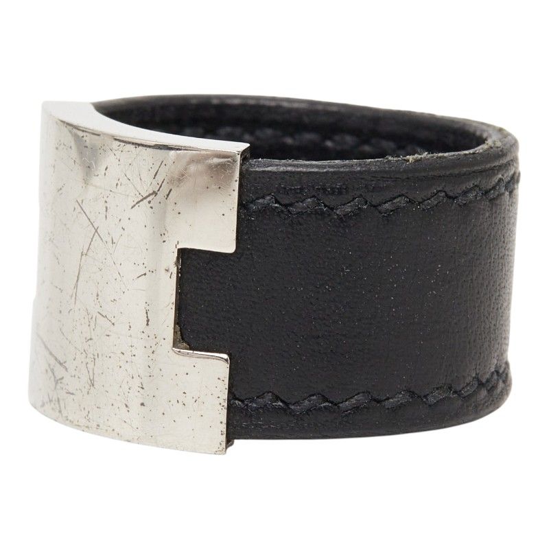 Hermes Lurie Ring Black Silver Leather Metal — view 2