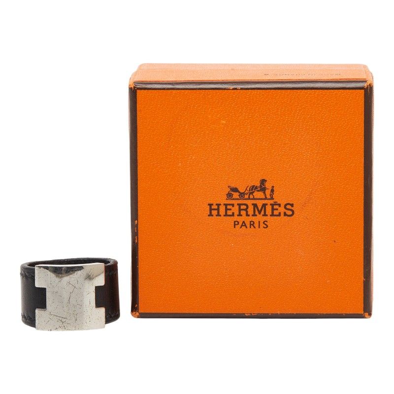 Hermes Lurie Ring Black Silver Leather Metal — view 5