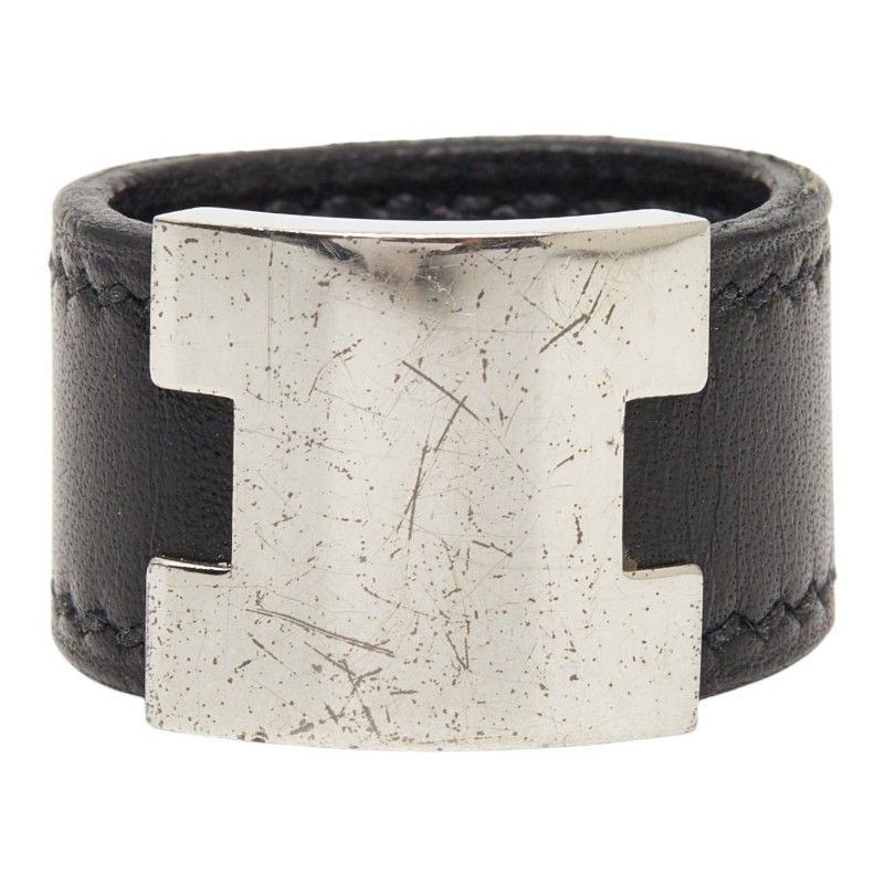Hermes Lurie Ring Black Silver Leather Metal