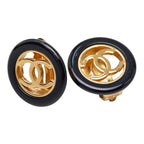 Chanel CC Logo Vintage Round Earrings 97 Black Gold Plated Plastic