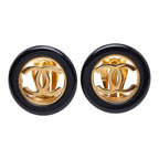 Chanel CC Logo Vintage Round Earrings 97 Black Gold Plated Plastic — view 2