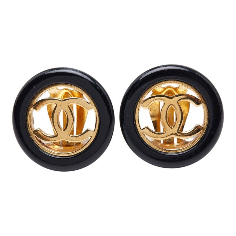 Chanel CC Logo Vintage Round Earrings 97 Black Gold Plated Plastic — view 2
