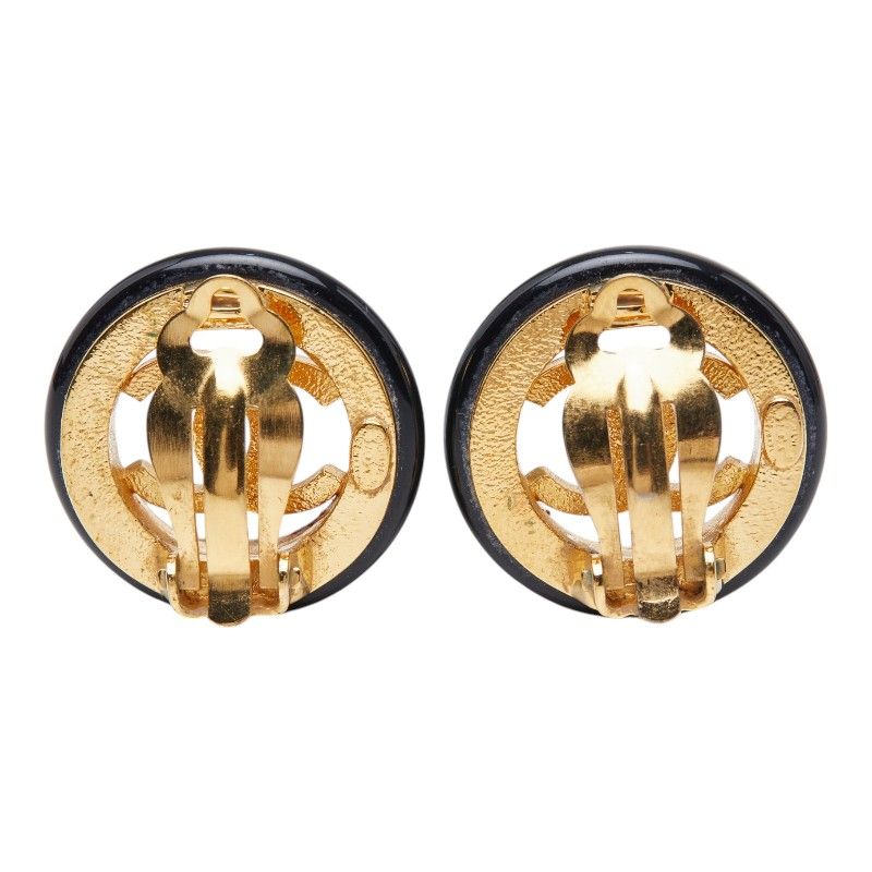 Chanel CC Logo Vintage Round Earrings 97 Black Gold Plated Plastic — view 3