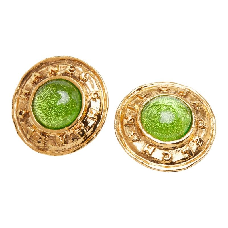 Chanel Gripoix Vintage Logo Round Earrings Gold Green Plated Glass