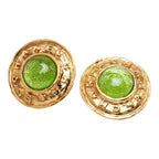 Chanel Gripoix Vintage Logo Round Earrings Gold Green Plated Glass