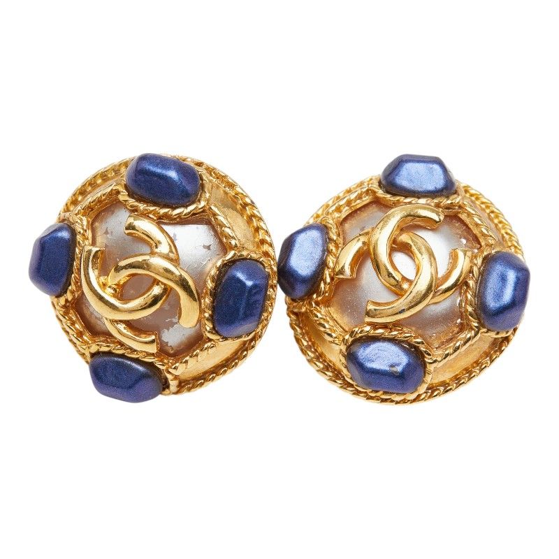 Chanel CC Logo Vintage Round Earrings 95 Gold Blue Plated Faux Pearl